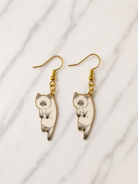 Hand Crafted Jewelry - Hand Crafted Gold and Cream Cat Dangle Earrings